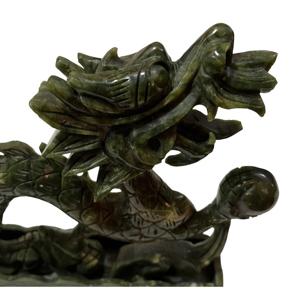 Carved Stone Fierce Dragon Statue Holding Orb Sphere Ball Green Maybe Old Jade - Picture 5 of 11